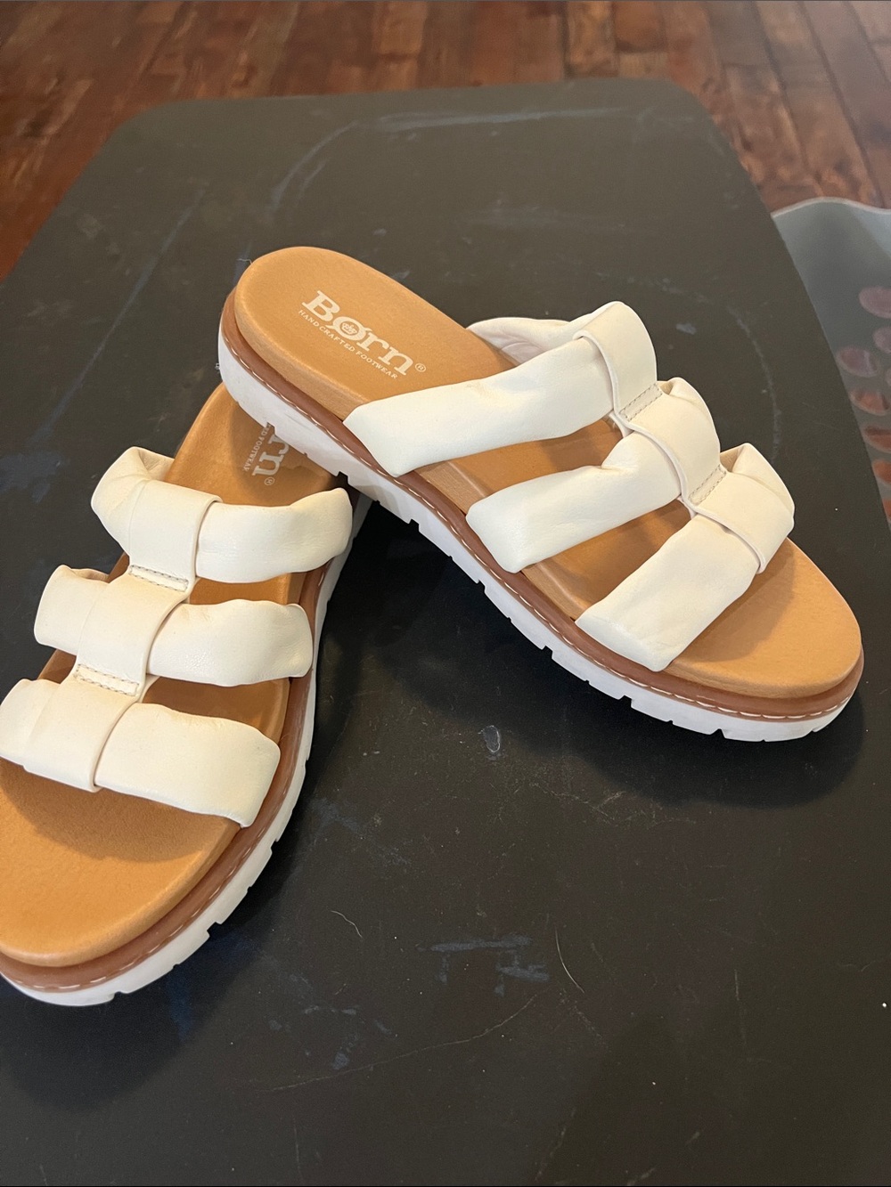 Born Cream Padded Triple-Strap Slide Sandals